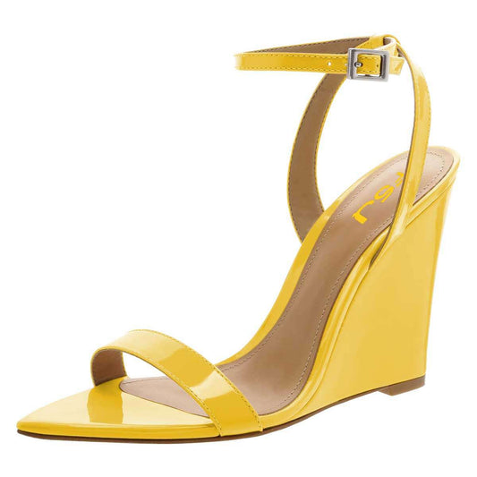 Yellow Patent Leather Ankle Strap Heels Pointed Toe Wedge Sandals