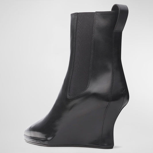 Black Closed Pointed Toe Wedge Heel Chelsea Ankle Boots for Women