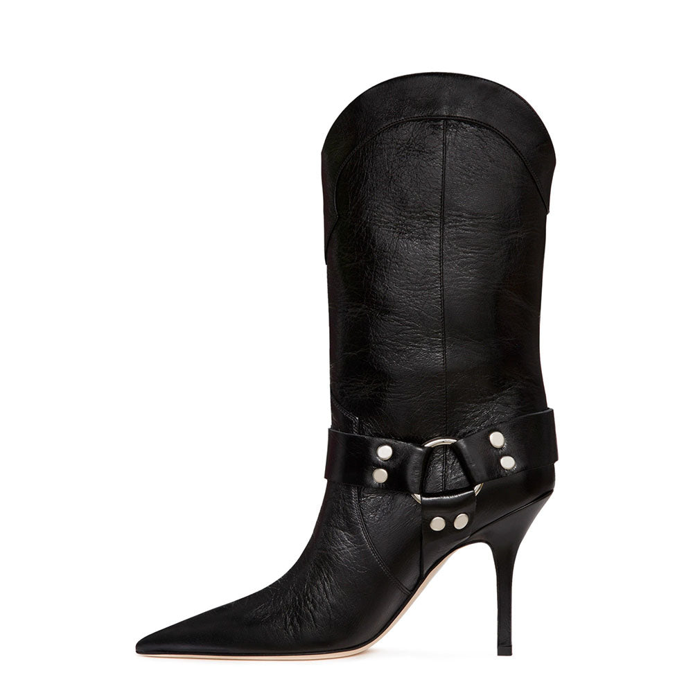 Black Vegan Leather Closed Toe 4'' Stiletto Heel Mid Calf Boots