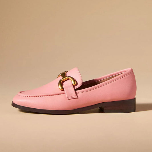 Pink Round Toe Classic Horsebit Flat Loafers for Women