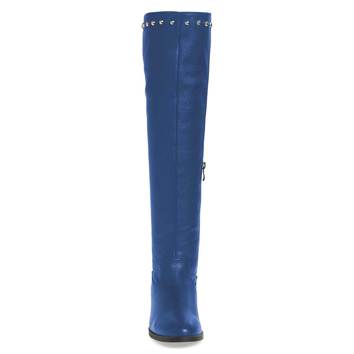 Blue Round Toe Zipper Low Heel Knee High Boots with Stud Decor