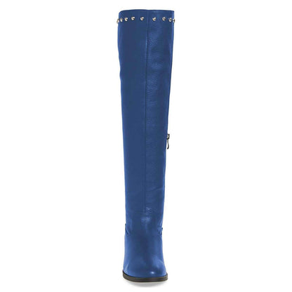 Blue Round Toe Zipper Low Heel Knee High Boots with Stud Decor