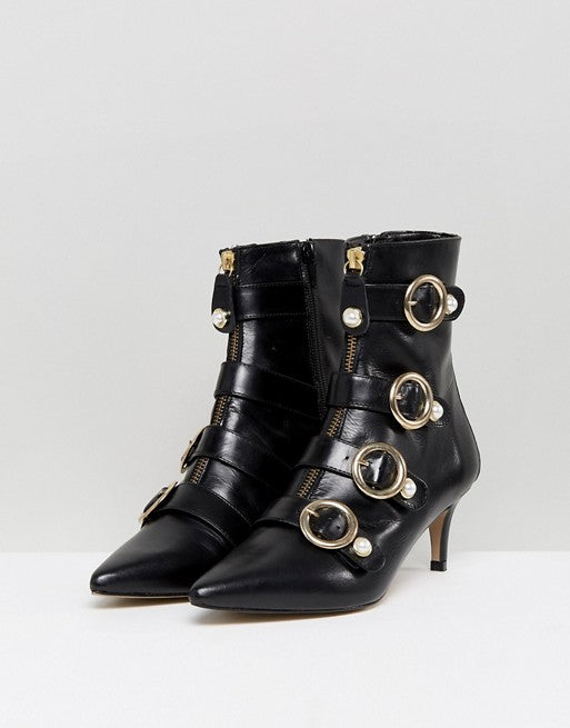 Black Pearl Buckles Kitten Heel Fashion Ankle Boots with Zip