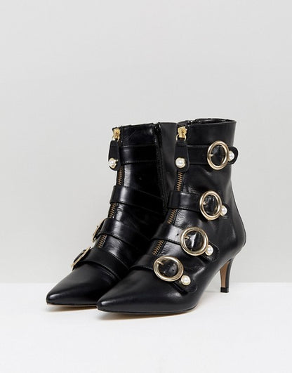 Black Pearl Buckles Kitten Heel Fashion Ankle Boots with Zip