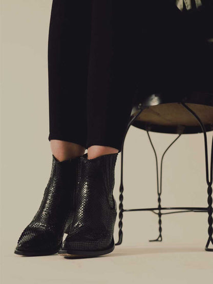 Black Vegan Leather Croc-Embossed Block Heel Cowgirl Ankle Boots
