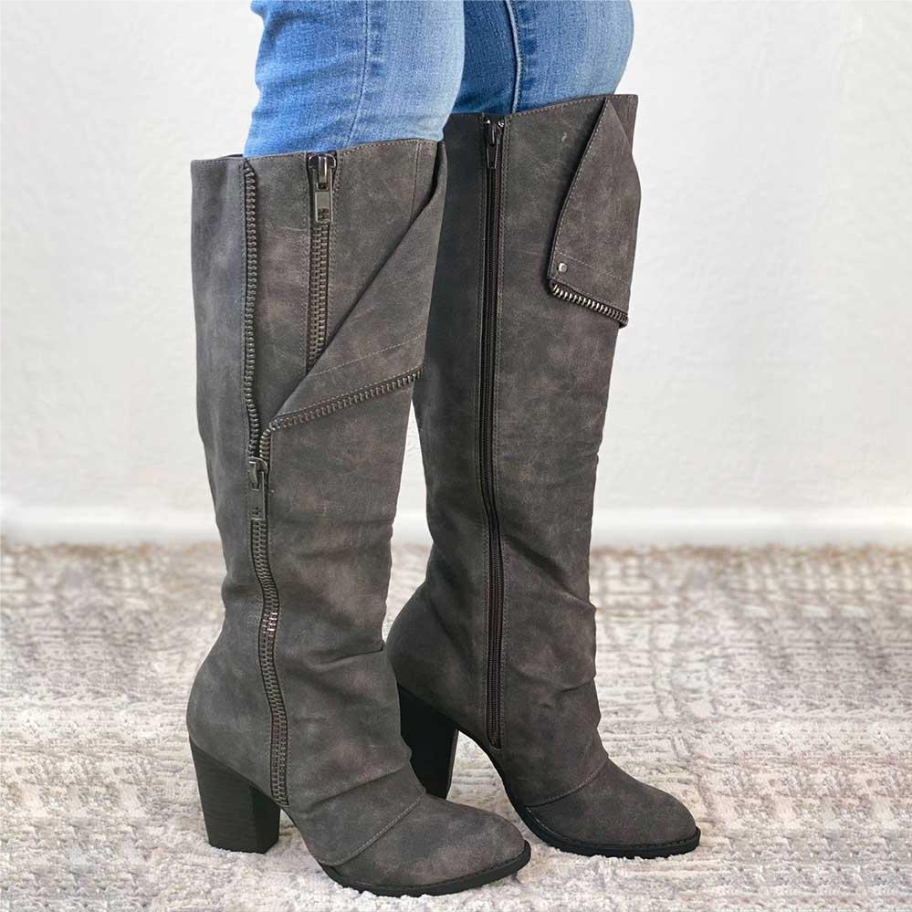 FSJ Grey Vegan Suede Fold-Over Block Heel Knee High Boots for Women