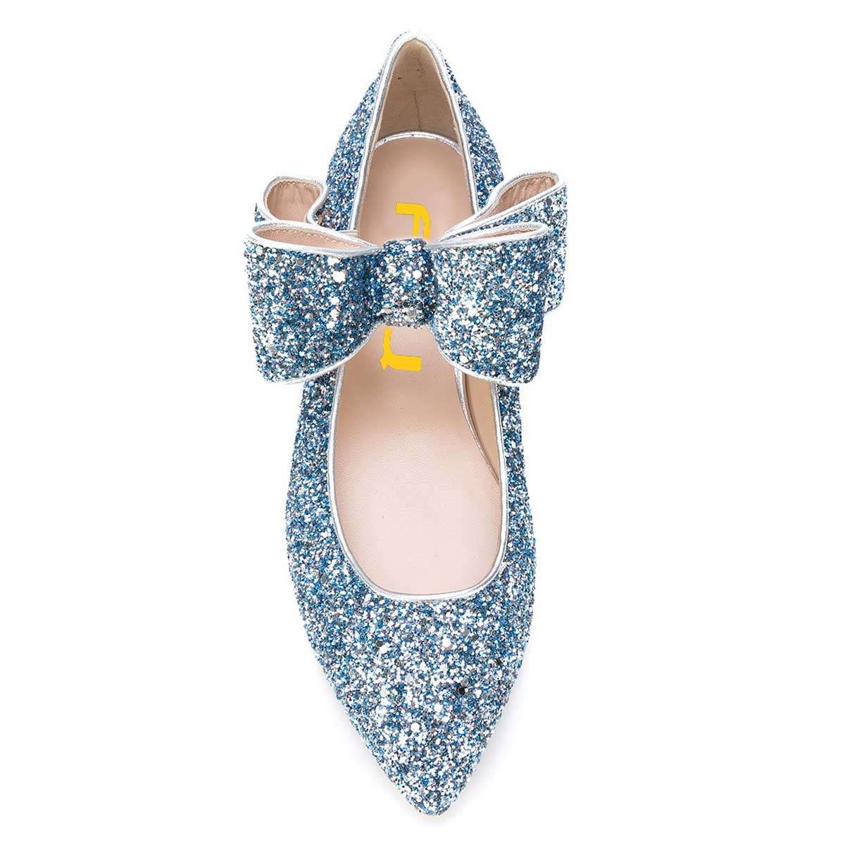 Blue Glitter Bow Pointy Toe Comfortable Flats