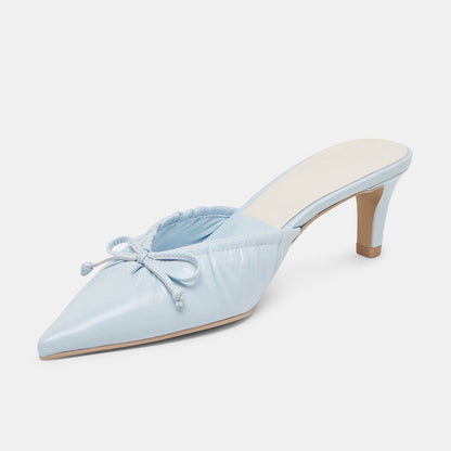 Women's Light Blue Pointed Toe Bow Decor Elegant Mule Heels
