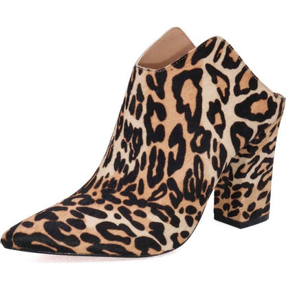 Women's Brown Leopard Print Pointed Toe Block Heels Mules Shoes
