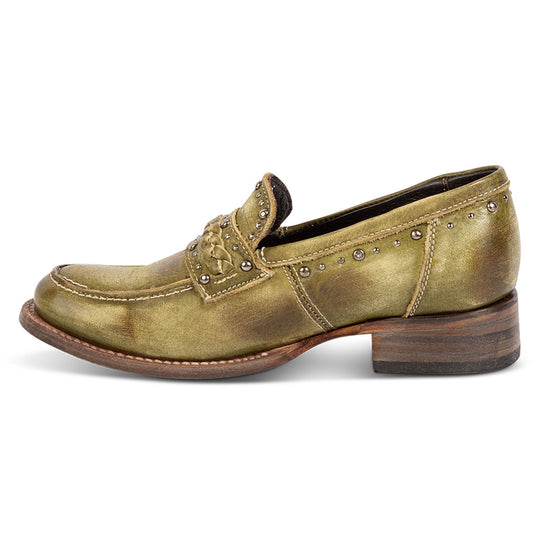 Distressed Olive Green Round Toe Block Heel Studded Women's Loafers