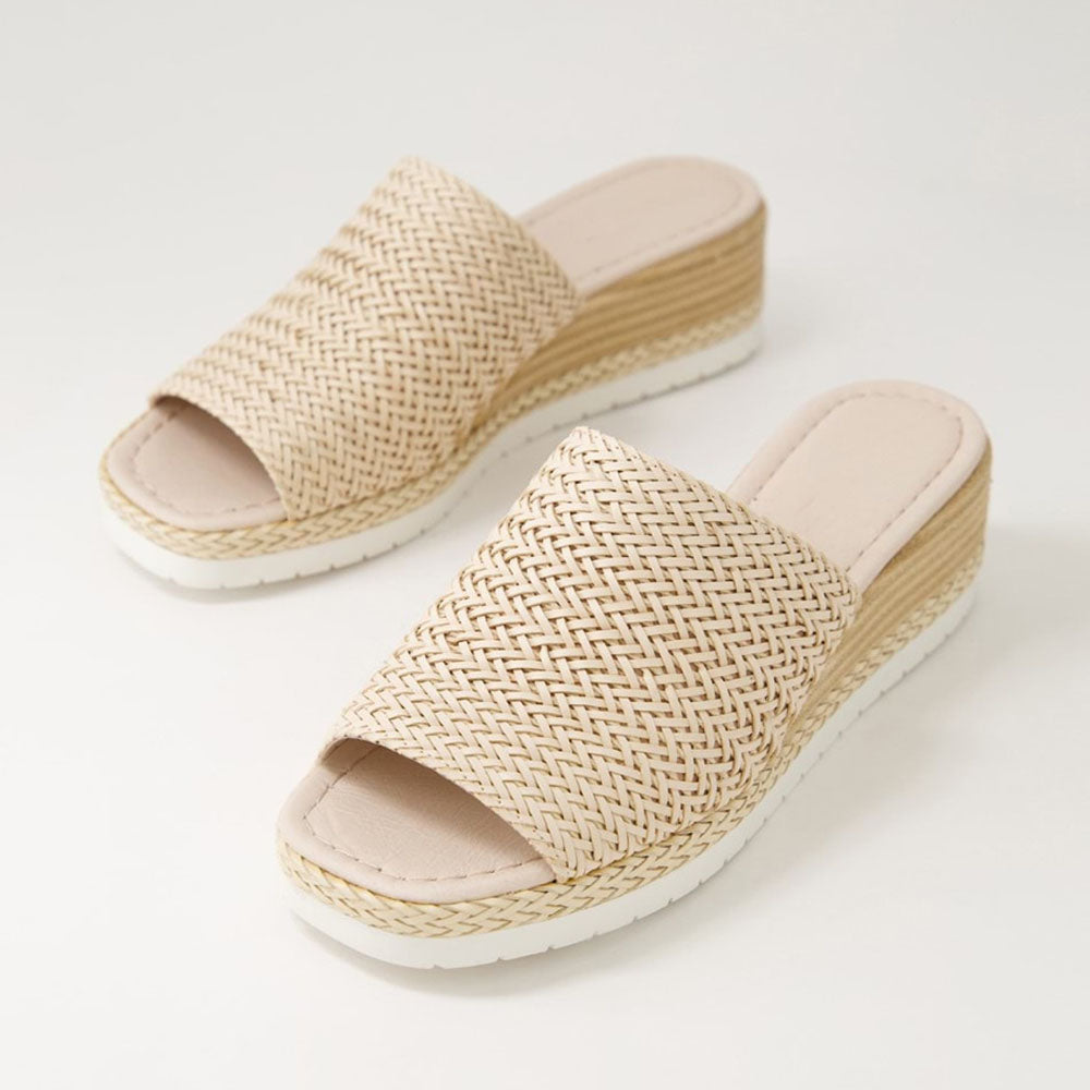 FSJ Nude Open-Toe Woven Platform Wedge Slide Sandals