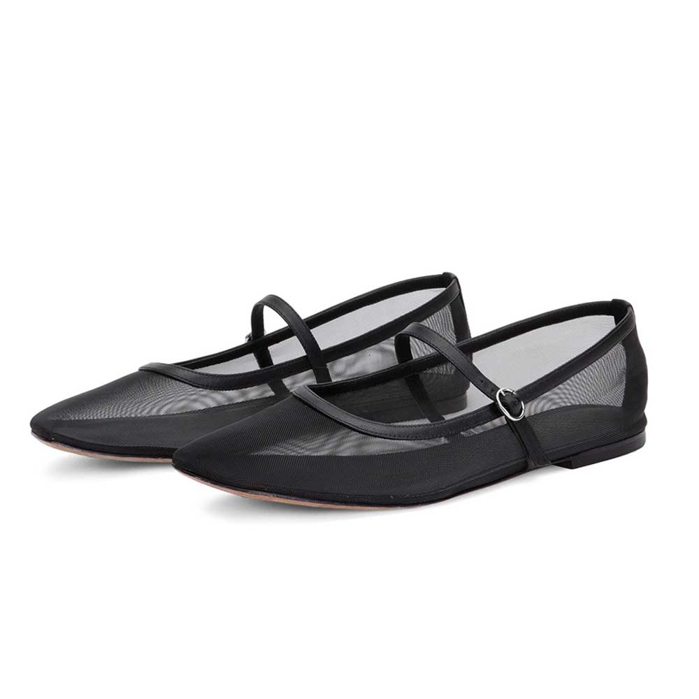 Black Mesh Round Toe Strap Comfortable Ballet Flats for Women