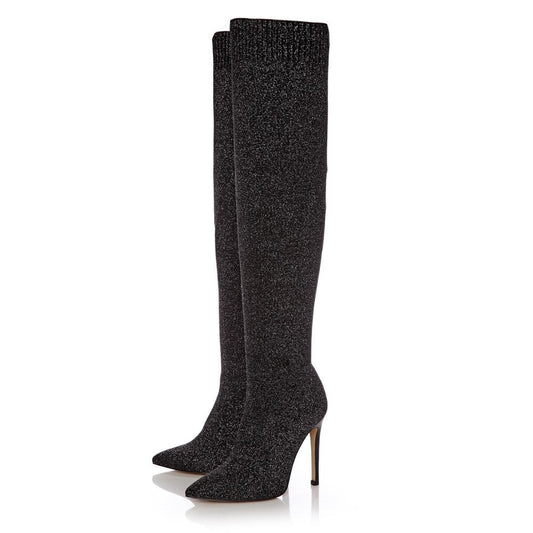 Black Fabric Stiletto Heels Long Boots Fashion Knee High Boots