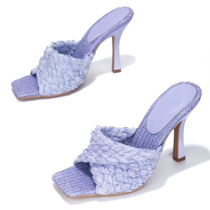 Light Purple Square Toe Twisted Strap Woven High Heel Mules for Women