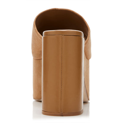 Women's Khaki Vegan Suede Open Toe Wedge Platform Mules