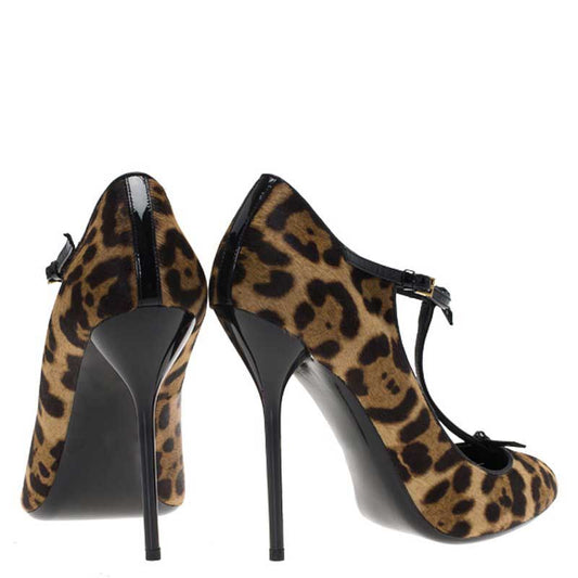 Vintage Leopard Print Stiletto Heels T-Strap Pumps for Women