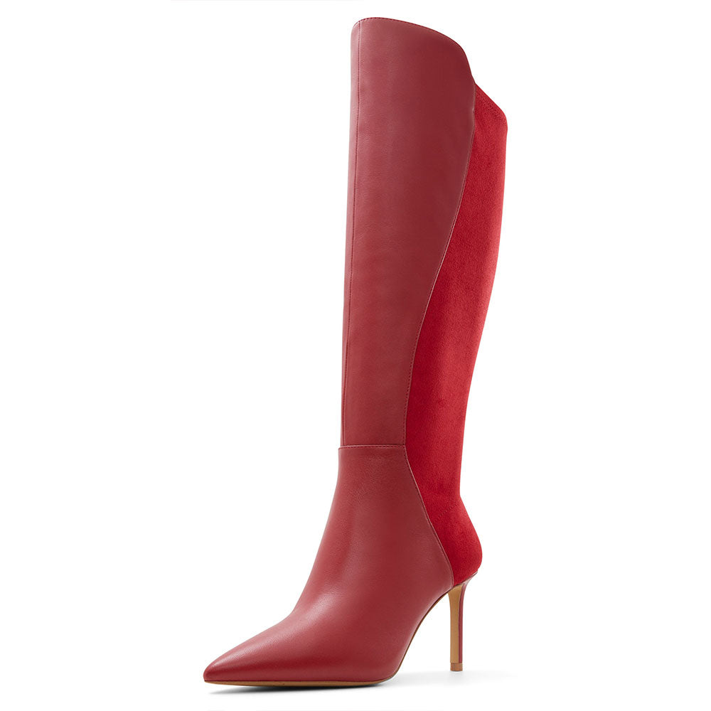Maroon & Red Pointy Toe Stiletto Heel Knee High Boots with Zipper