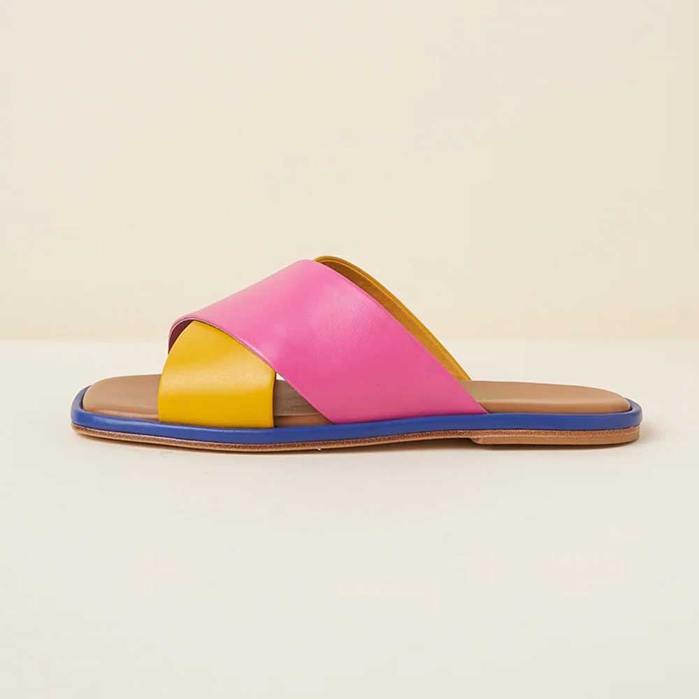 Women's Multi-Color Flat Square Toe Cross Strap Slip On Mules Sandals