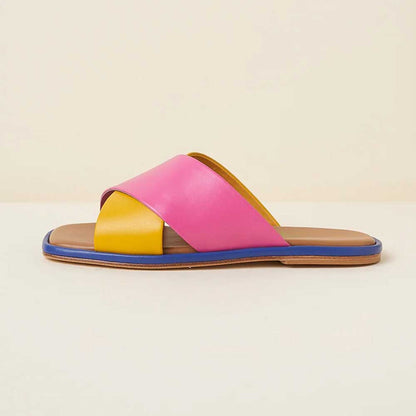 Women's Multi-Color Flat Square Toe Cross Strap Slip On Mules Sandals