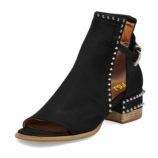 Black Cut-Out Ankle Boots Block Heel Studded Open Toe Booties