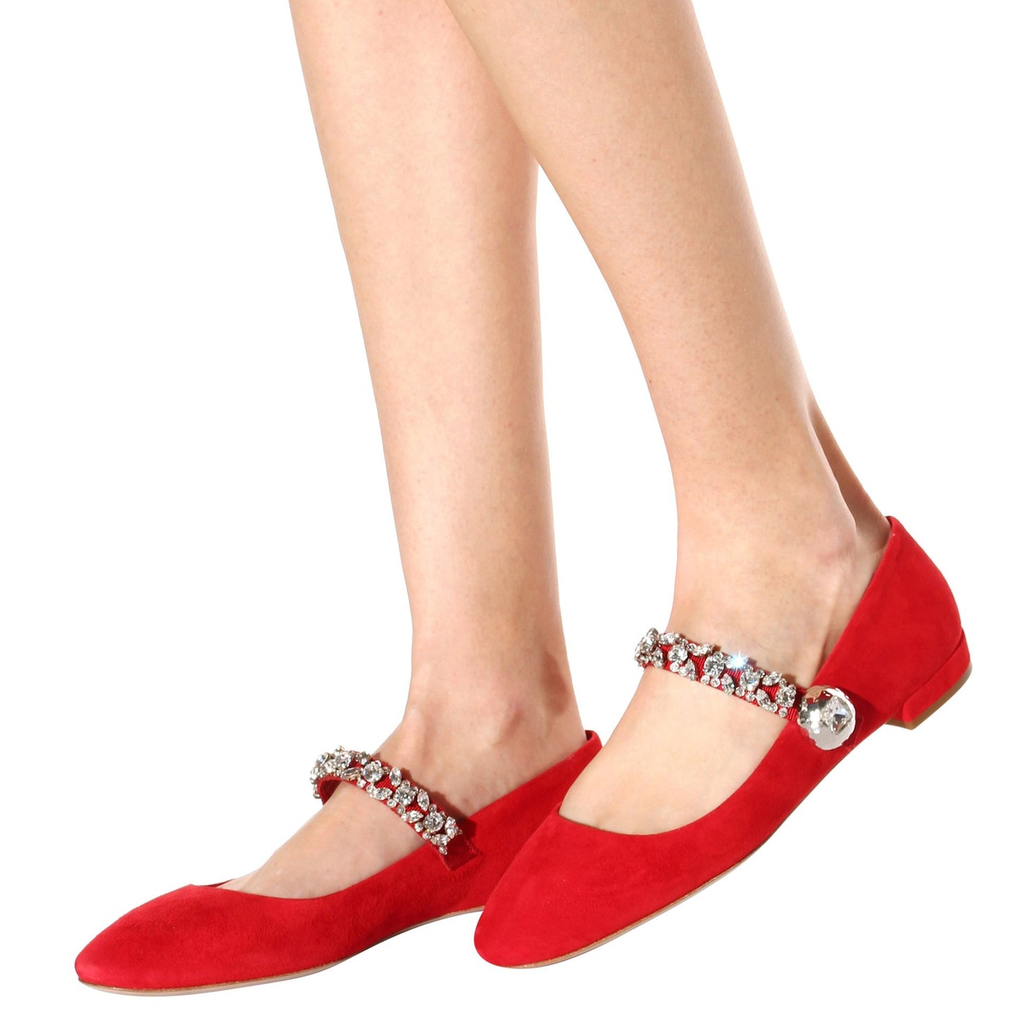 Red Vegan Suede Round Toe Rhinestone Strap Mary Jane Flats