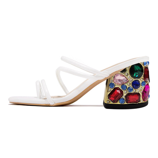 White Open Toe Decorative Heel Strappy Mules