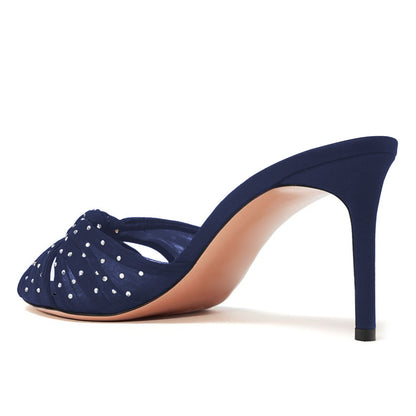 Women's Rhinestone Open Toe Stiletto Heel Navy Blue Mules Sandals