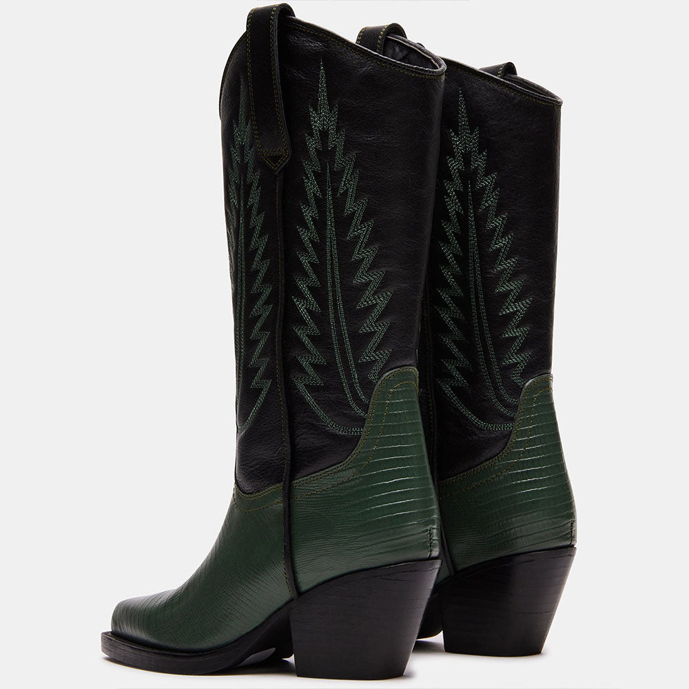 Black & Green Croco Embossed Pointed Toe Mid-Calf Cowgirl Boots