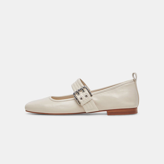 Ivory Patent Leather Square Toe Mary Jane Ballet Flats with Buckle