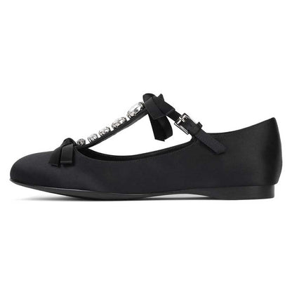Black Satin Round Toe Rhinestone and Bow Decorative Mary Jane Flats