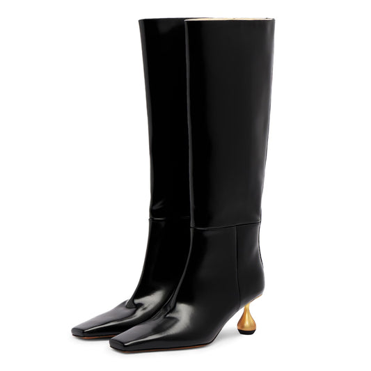 Black Square Toe Sculptural Heel Knee High Boots for Women