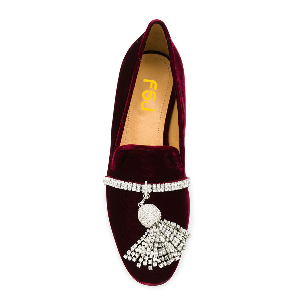 Burgundy Velvet Rhinestone Ornament Flat Loafers for Women