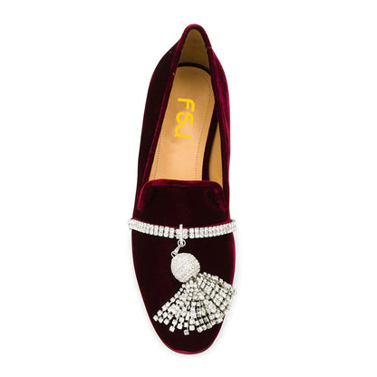 Burgundy Velvet Rhinestone Ornament Flat Loafers for Women