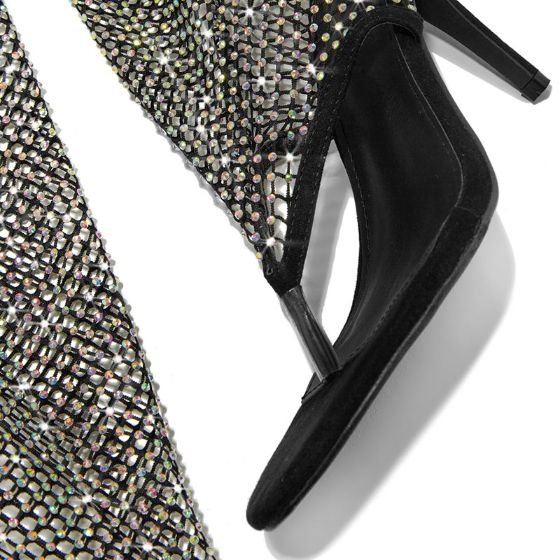 Black Rhinestones Elegant Stiletto Heel Nets Knee High Boots
