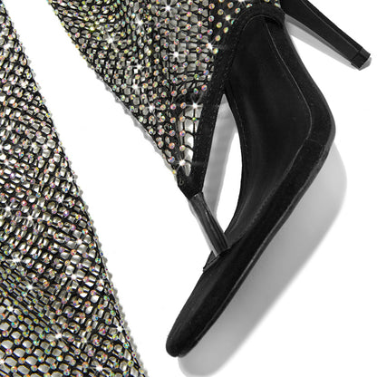 Black Rhinestones Elegant Stiletto Heel Nets Knee High Boots