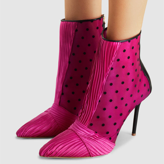 Fuchsia Mesh Polka Dots Stiletto Heel Pleated Satin Ankle Boots