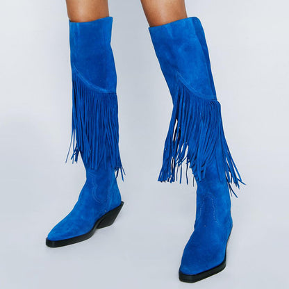 Royal Blue Vegan Suede Fringe Knee High Western Boots for Women