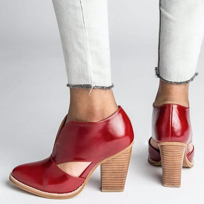 Burgundy Chunky Heels Women's Vintage Shoes Low Cut Loafers