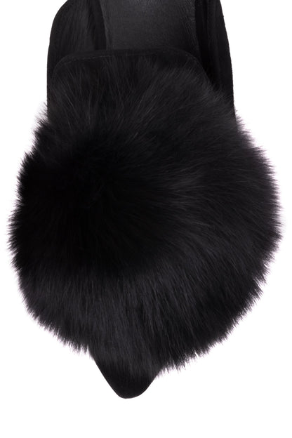 Women's Black Vegan Suede Faux Fur Mule Loafers for Women