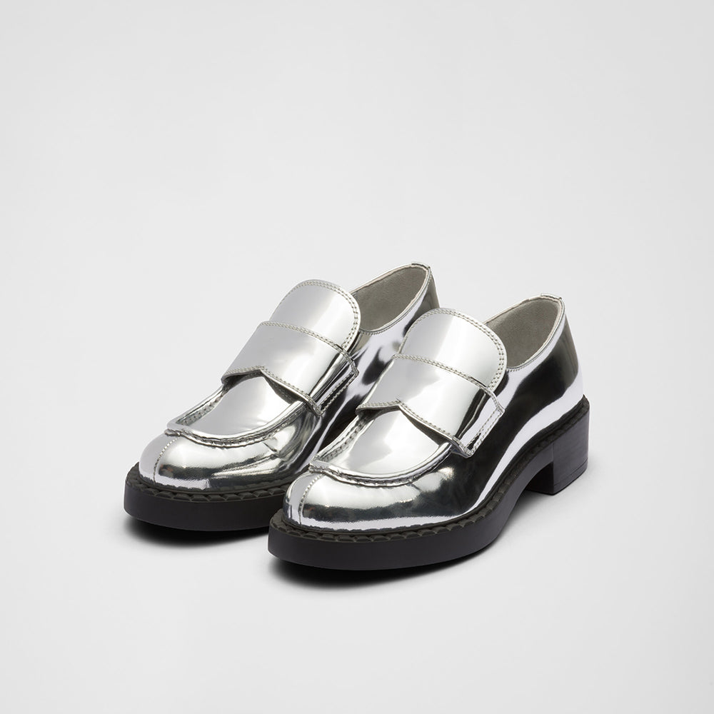 Silver Vegan Leather Round Toe Block Heel Platform Loafers