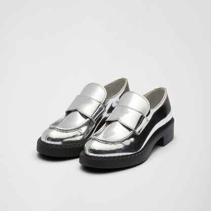 Silver Vegan Leather Round Toe Block Heel Platform Loafers