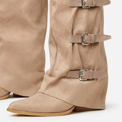 Khaki Vegan Suede Pointed Toe Chunky Heel Cowgirl Knee High Boots