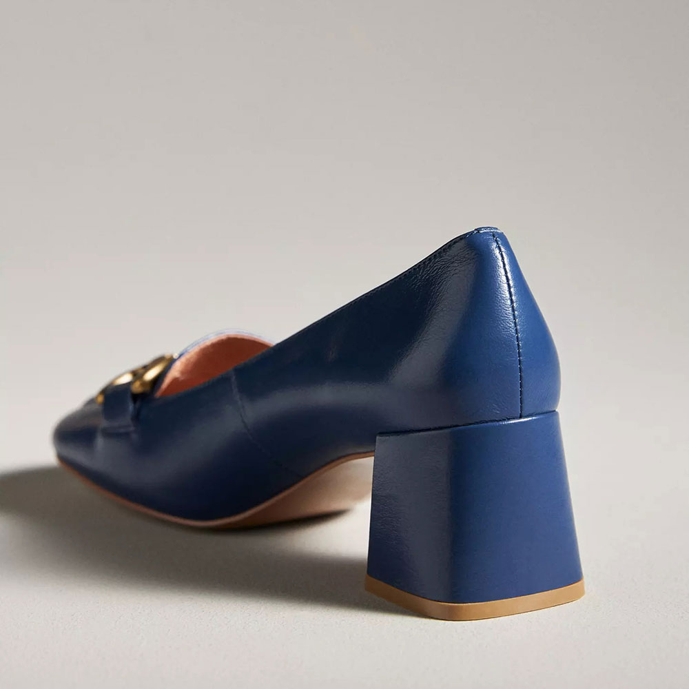 Blue Vegan Leather Square Toe Chunky Heel Slip-On Loafers