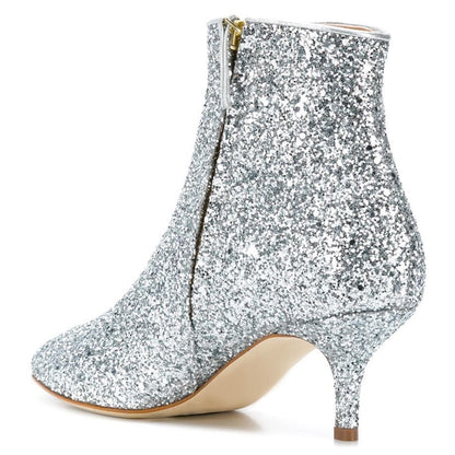 Women's Sparkly Pointed Toe Kitten Heel Glitter Ankle Boots in Silver