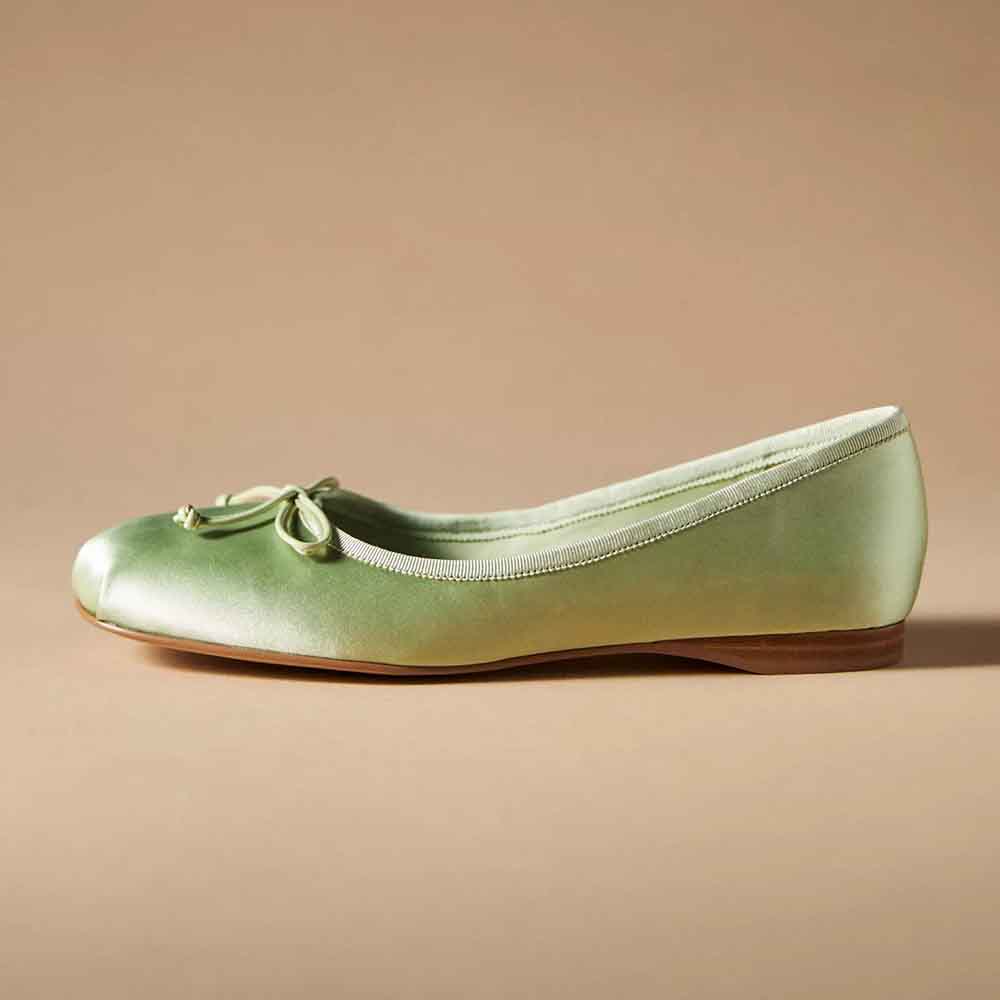 Green Satin Closed Square Toe Bow Slip-On Ballet Flats