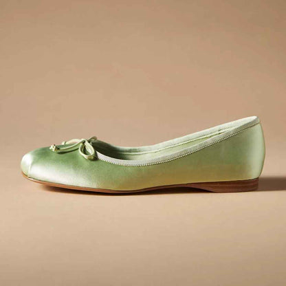 Green Satin Closed Square Toe Bow Slip-On Ballet Flats