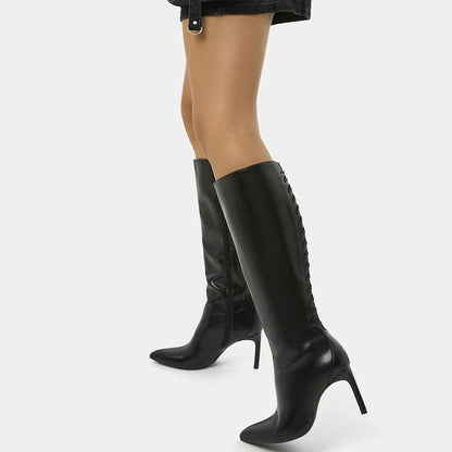 Black Pointed Toe Stiletto Heel Tie Detail Zipper Knee High Boots