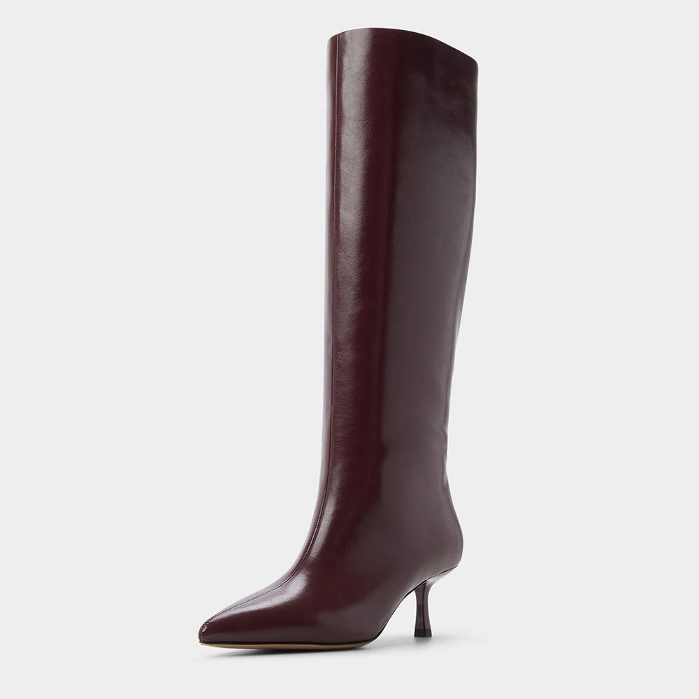 Vegan Leather Stiletto Heel Pointed Toe Knee High Boots in Burgundy
