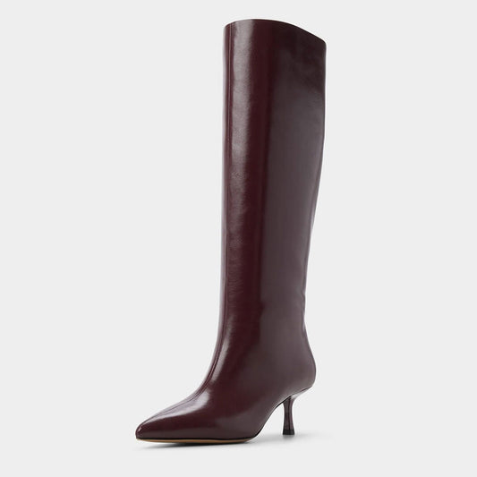 Vegan Leather Stiletto Heel Pointed Toe Knee High Boots in Burgundy