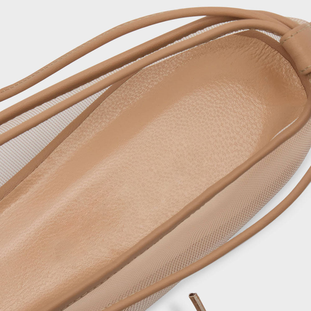 Chic Mesh Closed Square Toe Ankle Wrap Ballet Flats in Nude